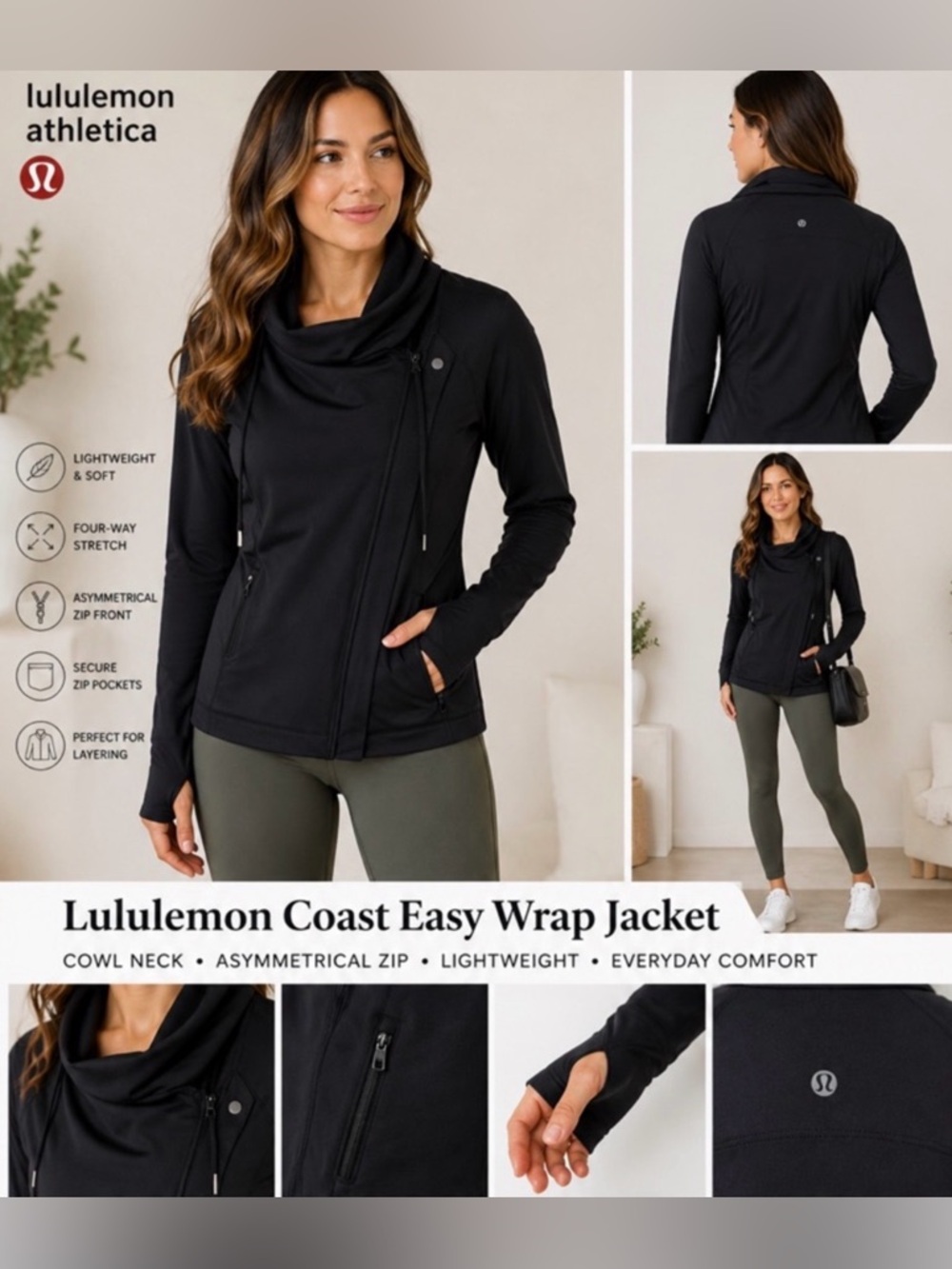Lululemon Coast Easy Wrap Jacket Black Cowl Neck Zip Size 10